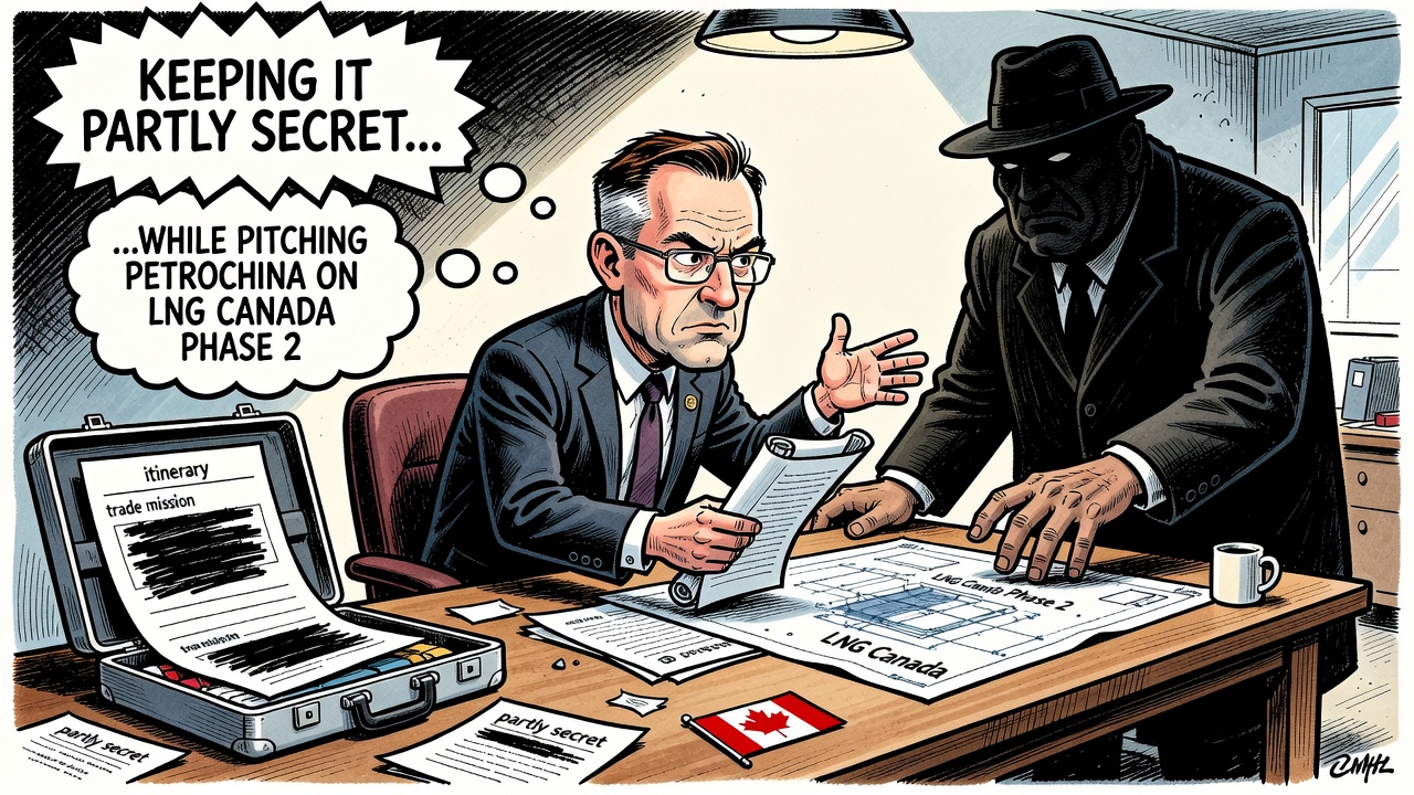 Editorial cartoon about David Eby keeping a China trade mission itinerary partly hidden while pitching PetroChina on LNG Canada Phase 2