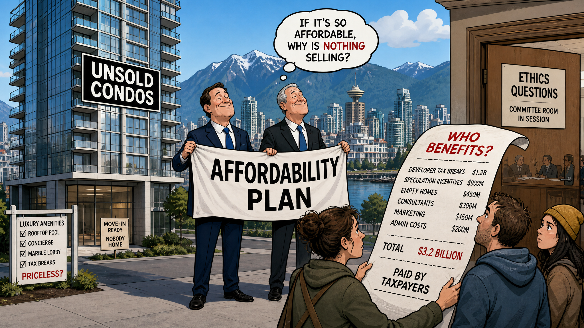 Editorial cartoon about David Eby, Mark Carney, unsold condos, taxpayers and ethics questions