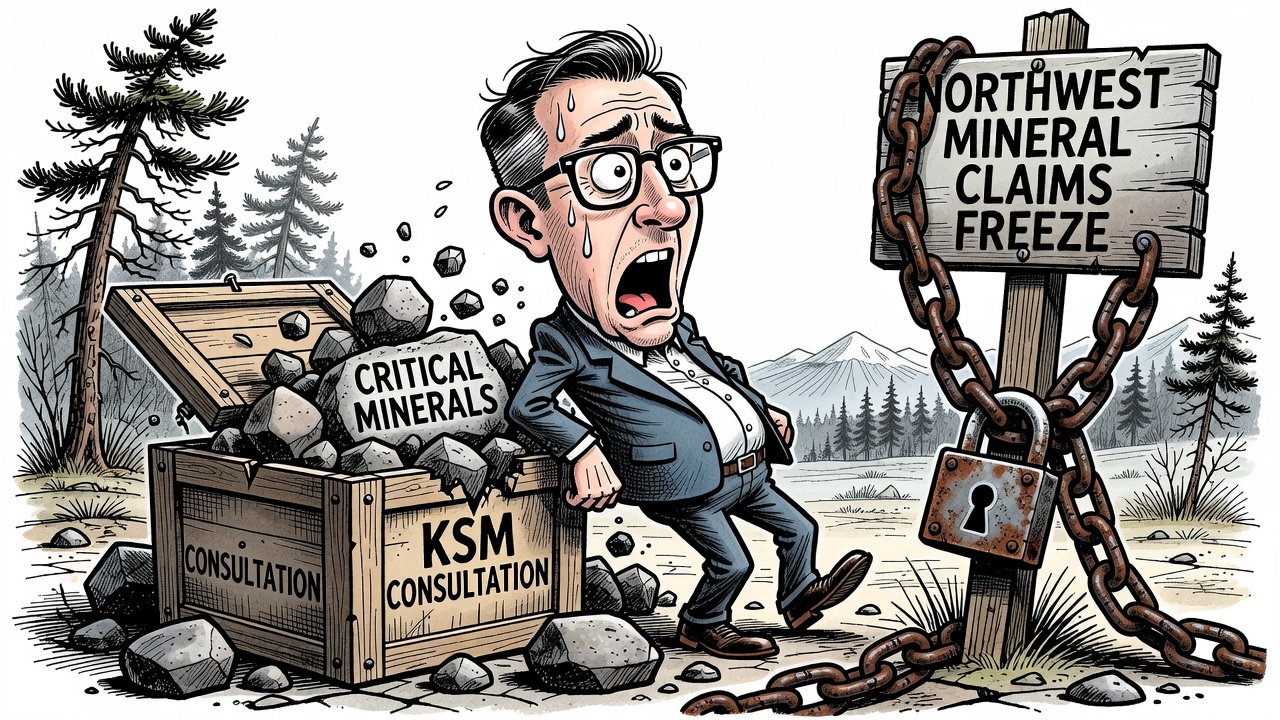 Editorial cartoon about David Eby selling critical minerals while KSM faces consultation uncertainty
