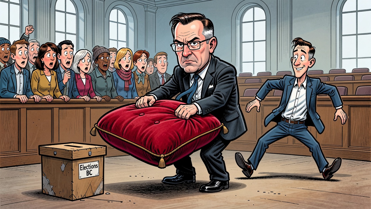 Political cartoon about David Eby gaining a bigger legislature cushion after a Conservative-elected MLA crosses the floor to the BC NDP