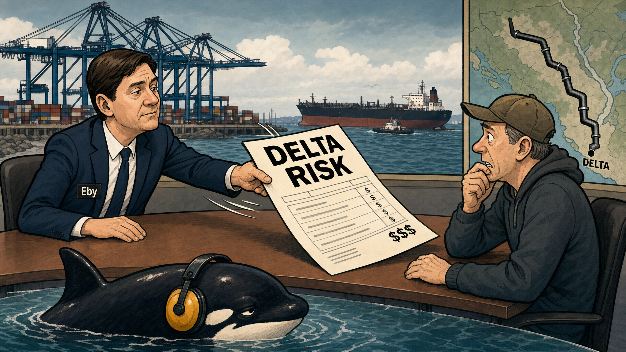 Editorial cartoon of David Eby handing Delta a pipeline risk invoice at Roberts Bank with an orca and tanker in the background