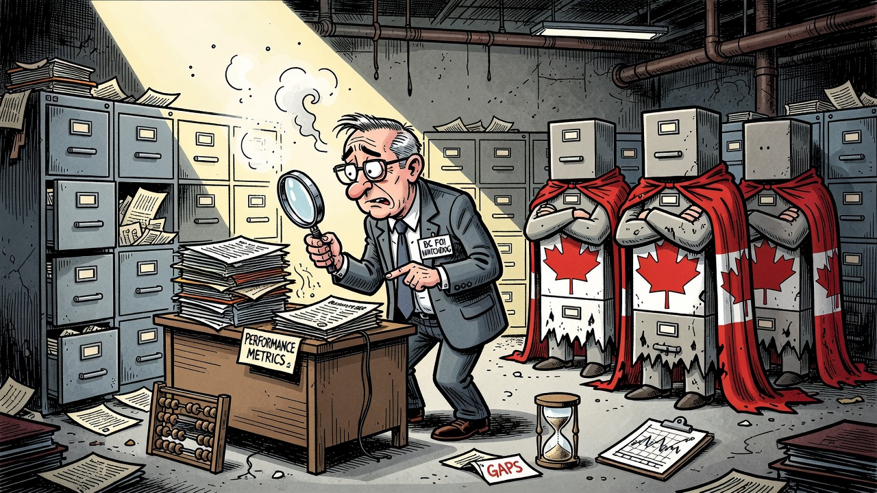 Political cartoon about B.C.'s FOI transparency gap and missing public performance metrics