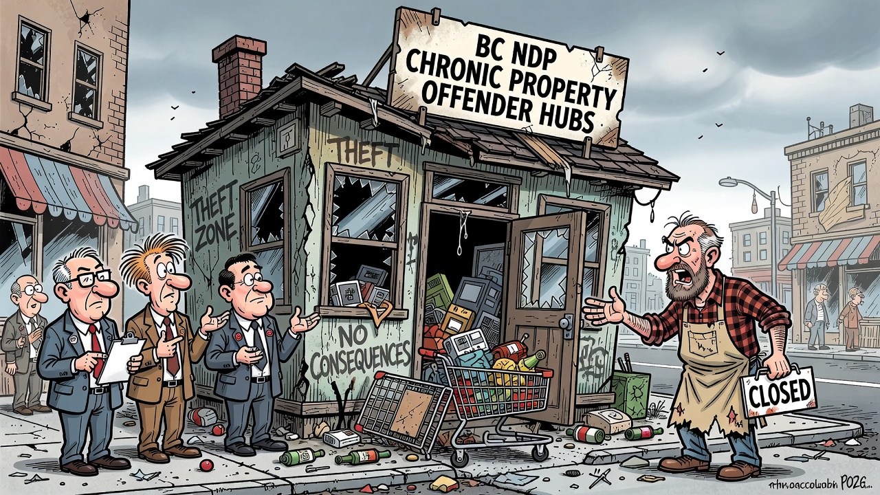 Political cartoon about B.C. chronic property-offender hubs after retail theft and street disorder