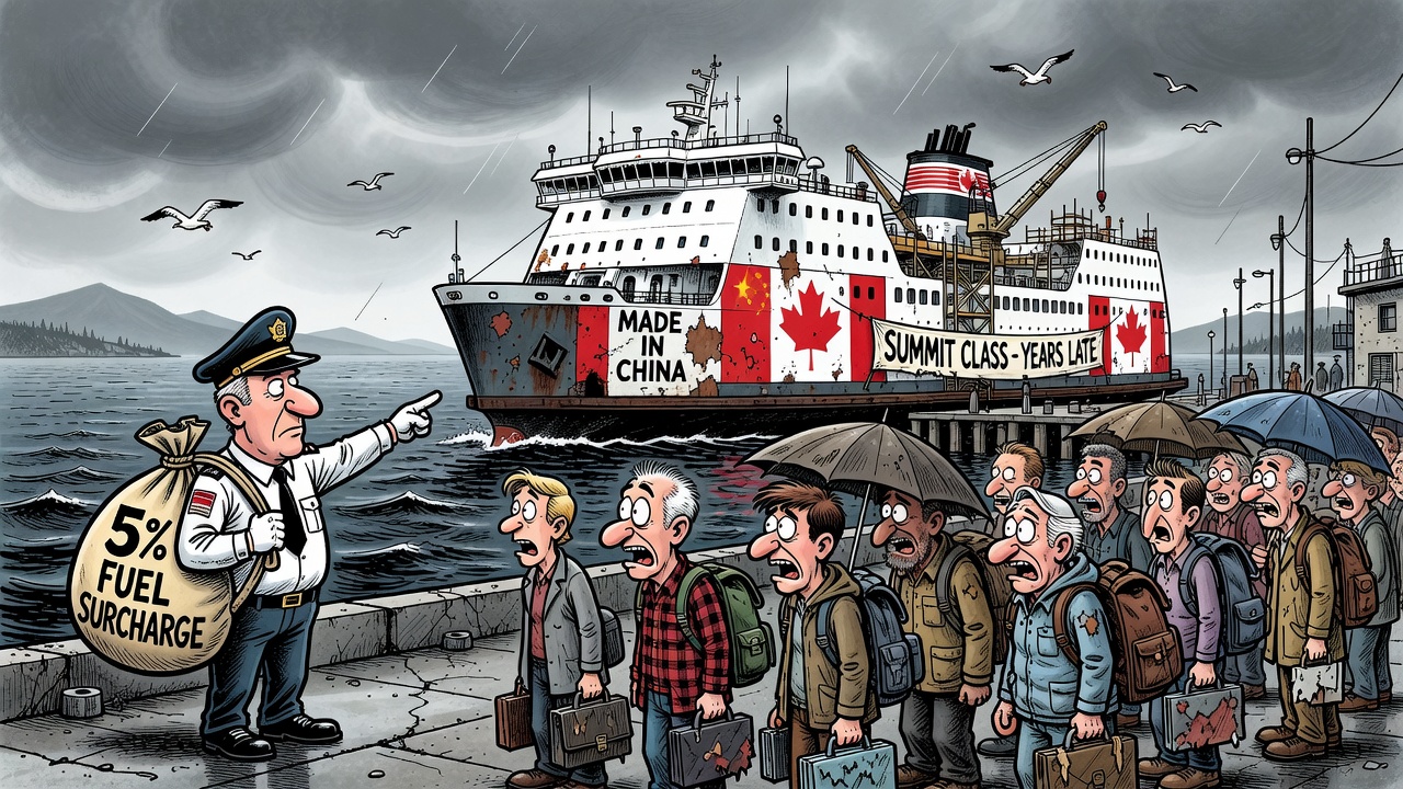 Political cartoon about BC Ferries charging a fuel surcharge while China-built Summit Class ships arrive years later