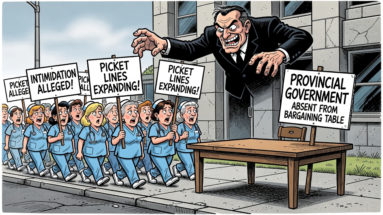 Political cartoon about BC nurses alleging employer intimidation as job action expands