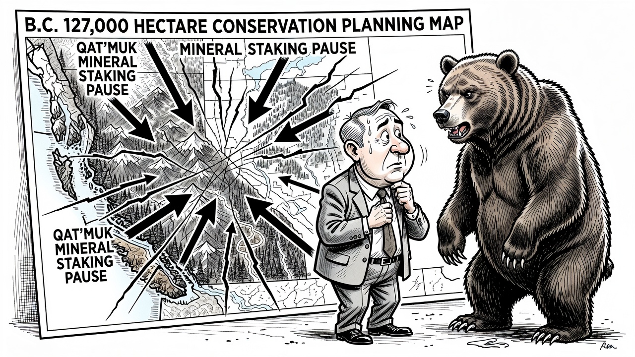 Political cartoon about B.C. conservation planning, 30x30 and the Qat’muk mineral-tenure pause