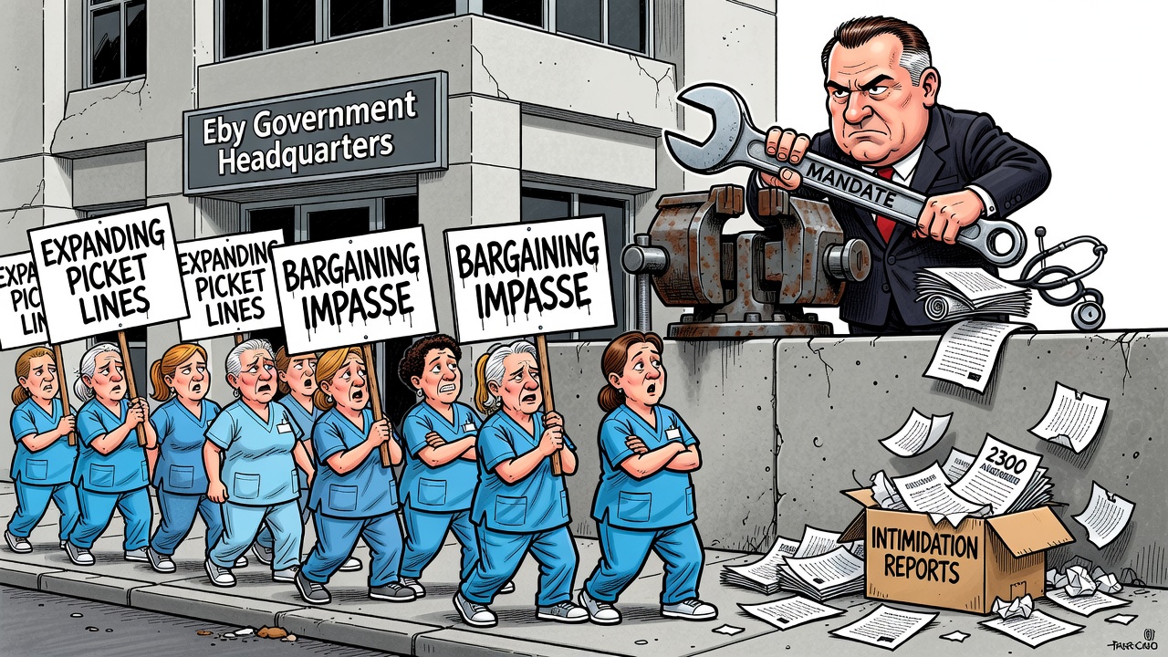 Political cartoon about BC nurses expanding picket lines while government controls the bargaining mandate