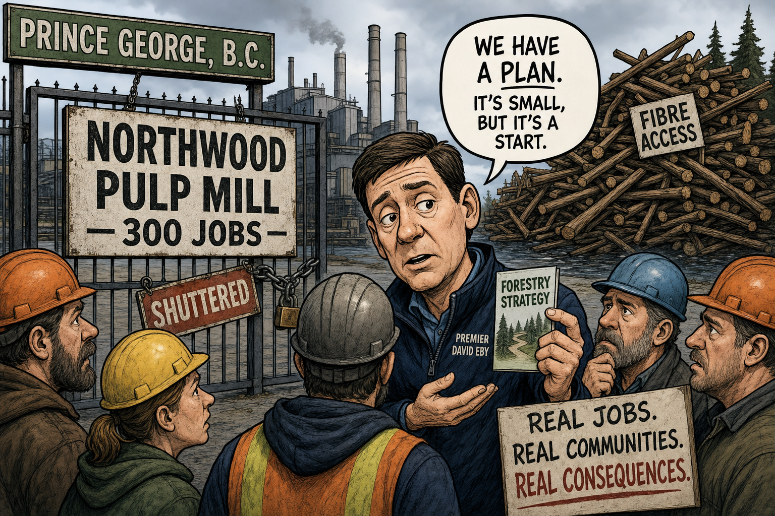 Editorial cartoon showing Northwood Pulp Mill closed and 300 Prince George jobs at risk