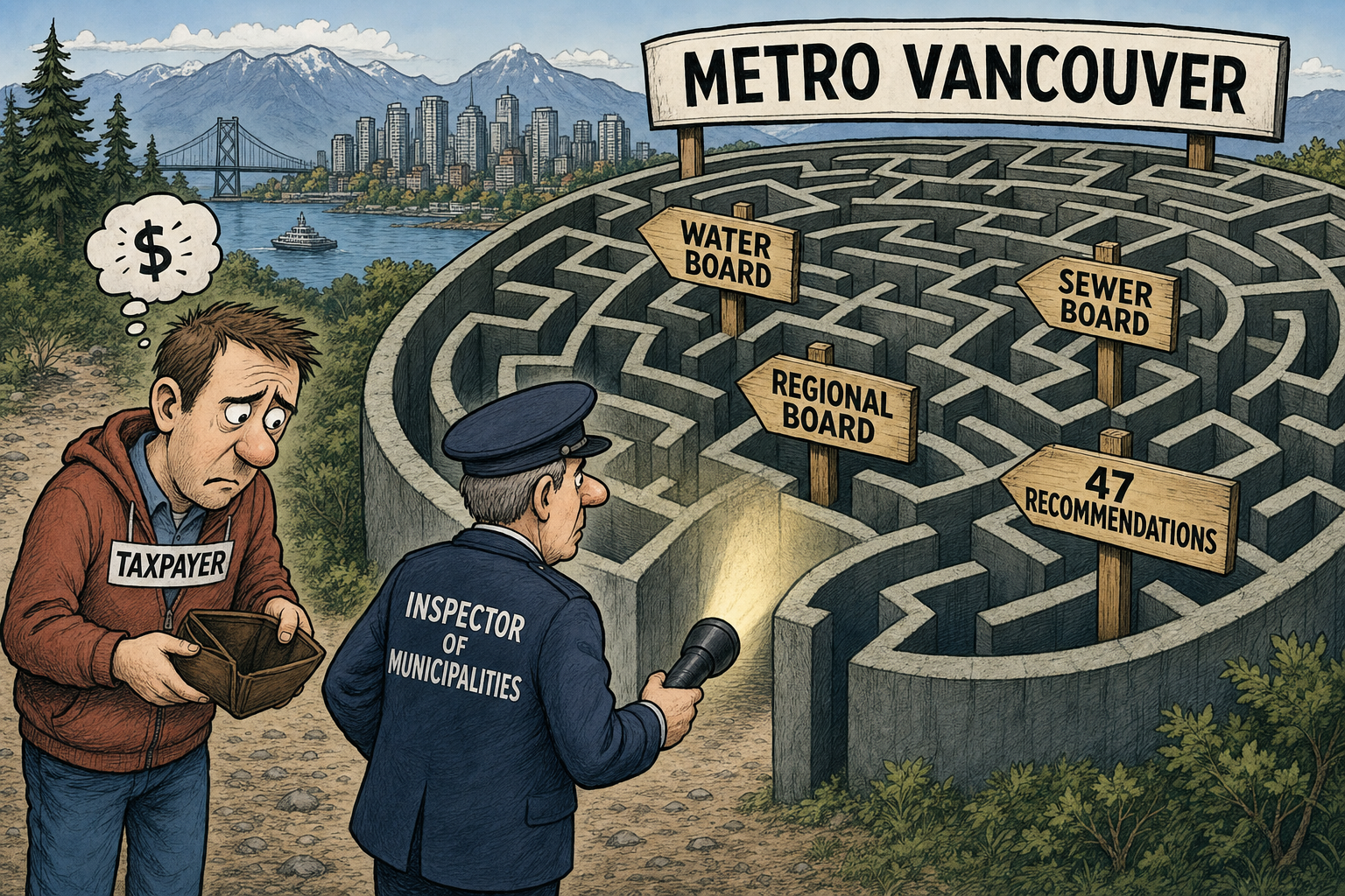 Editorial cartoon showing a taxpayer facing a Metro Vancouver maze while an inspector shines a flashlight