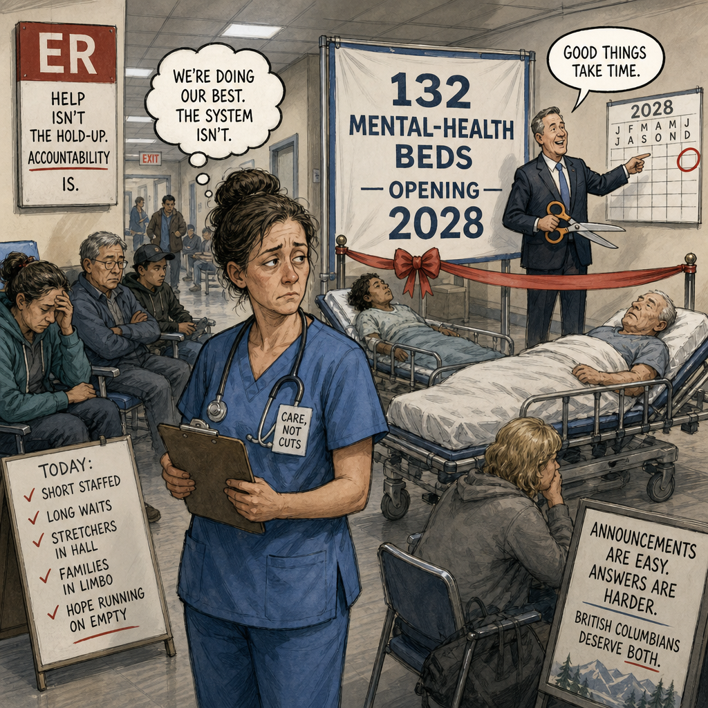 Editorial cartoon showing patients waiting in an emergency hallway while a future mental-health beds sign points to 2028