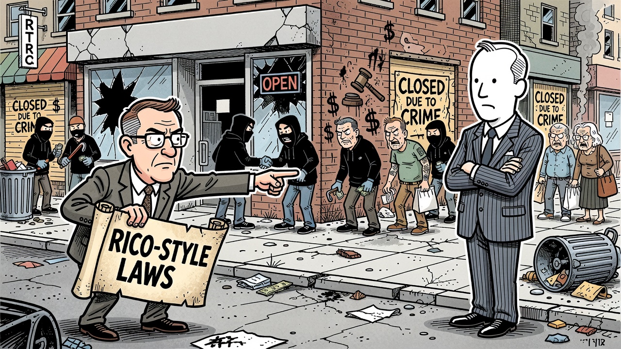 Political cartoon about David Eby asking Ottawa for RICO-style organized-crime laws while communities wait for safer streets.