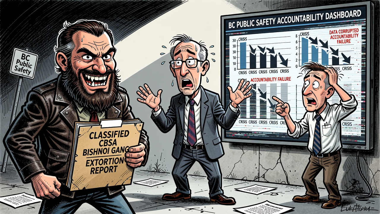 Political cartoon about a classified CBSA Bishnoi gang report and B.C. communities waiting for an extortion-crisis accountability dashboard.
