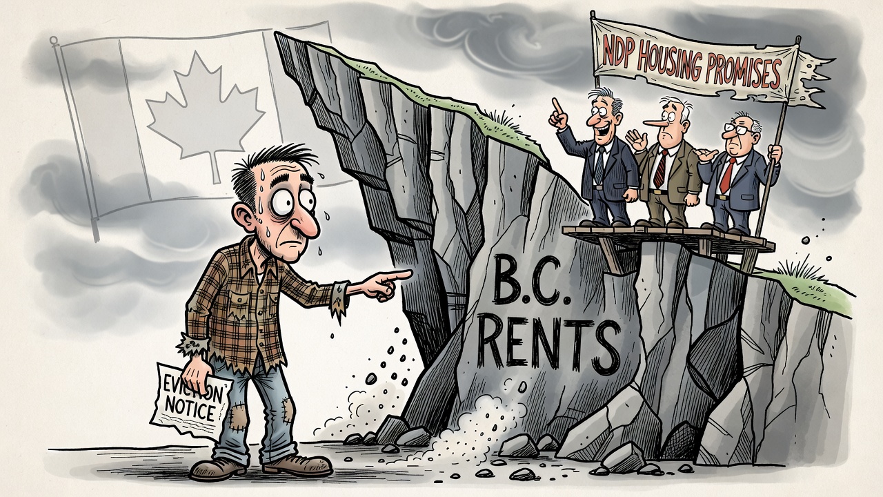 Political cartoon about B.C. rents falling while the province remains one of Canada’s most expensive rental markets.