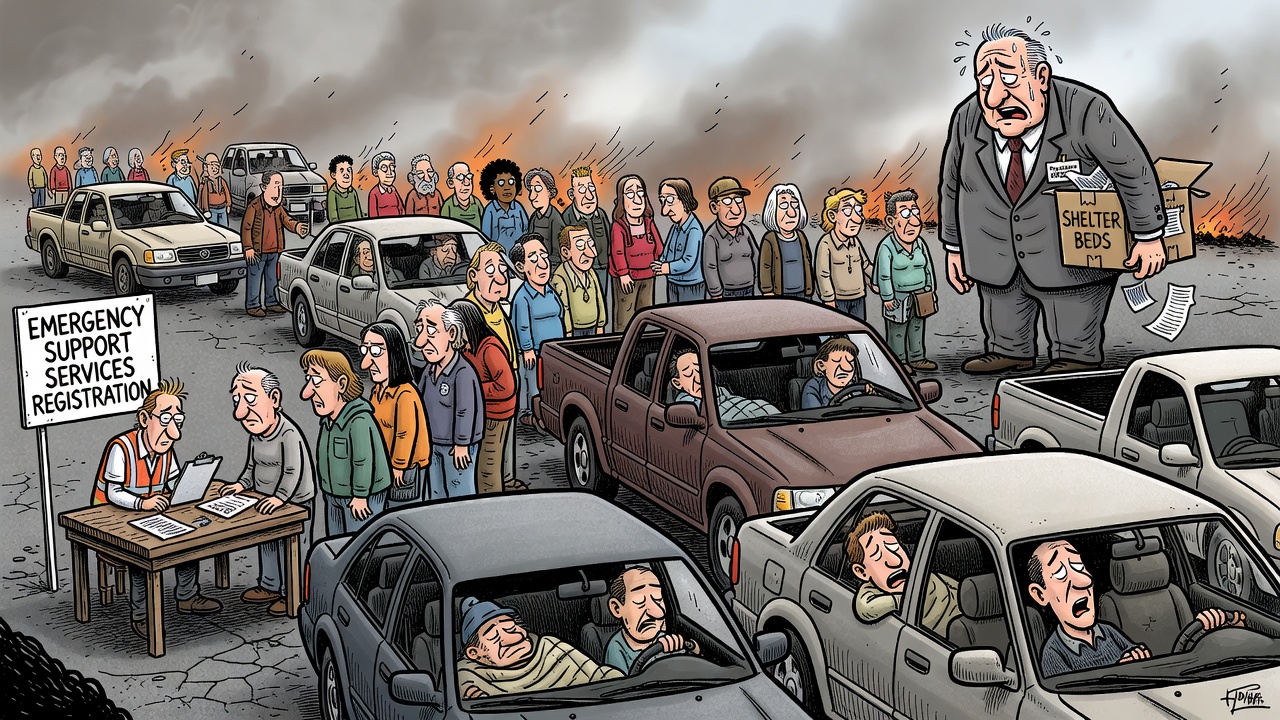 Political cartoon about wildfire evacuees facing long ESS registration lines and strained shelter capacity in B.C.