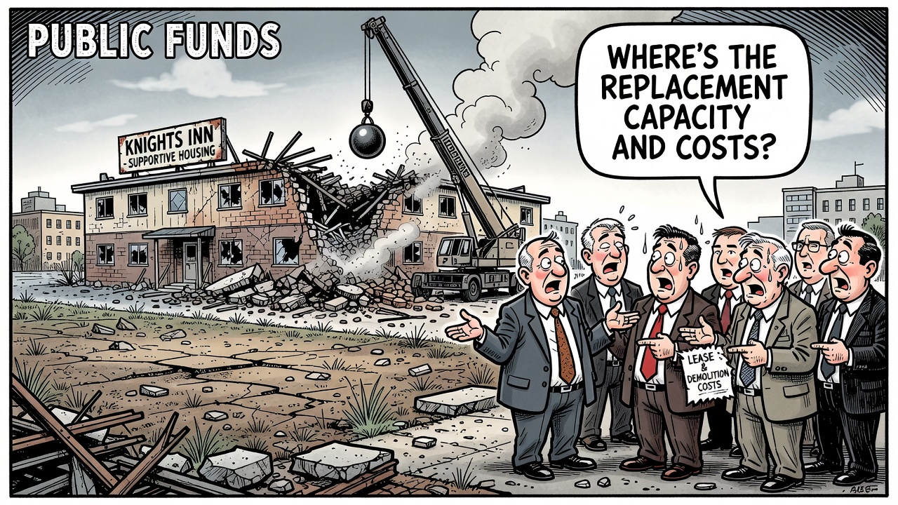Political cartoon about Prince George demolishing the former Knights Inn supportive-housing motel and the need for replacement-capacity accounting.
