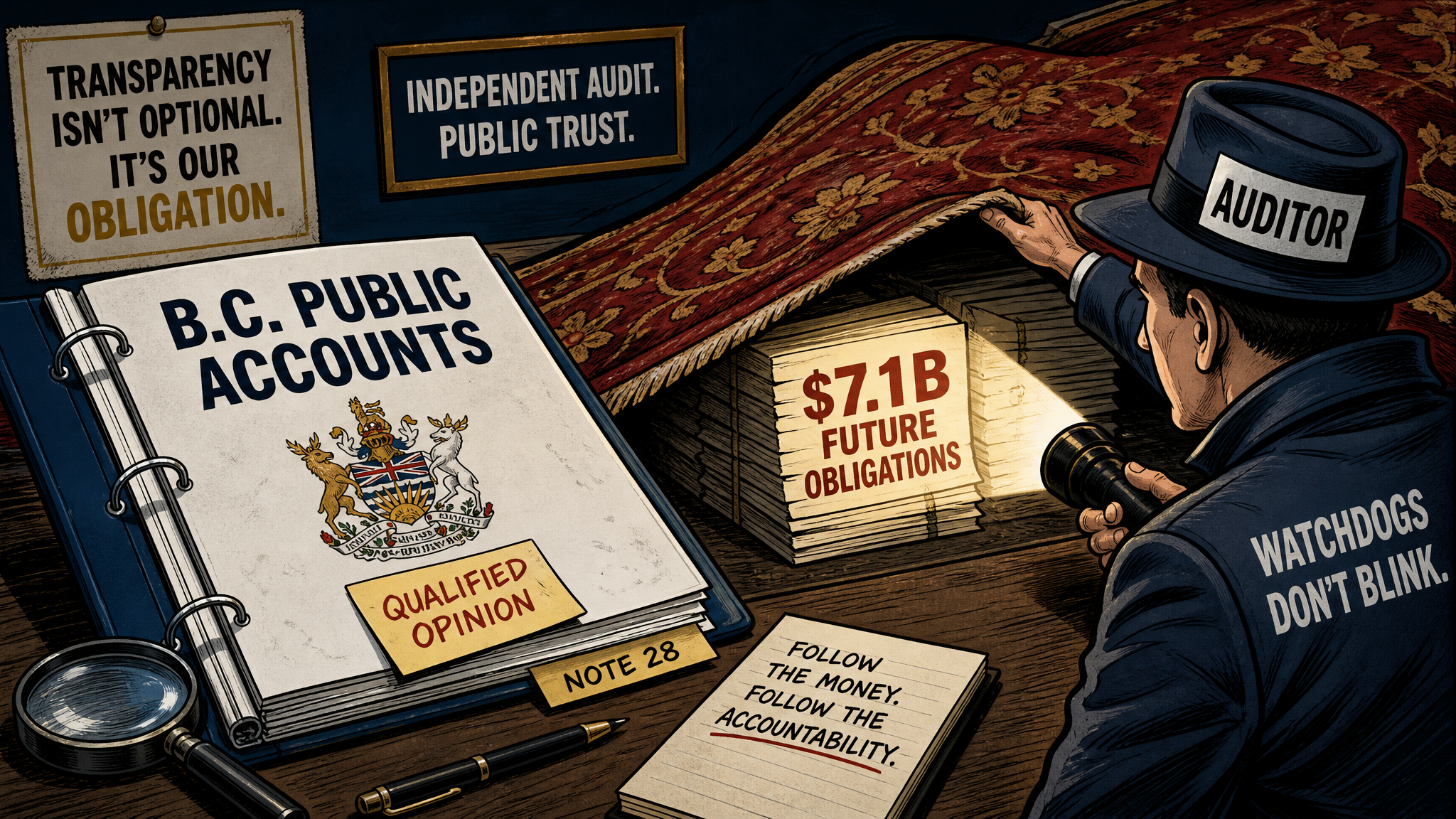 Editorial cartoon showing an auditor finding 7.1 billion dollars in hidden contract obligations under a rug beside a B.C. Public Accounts binder