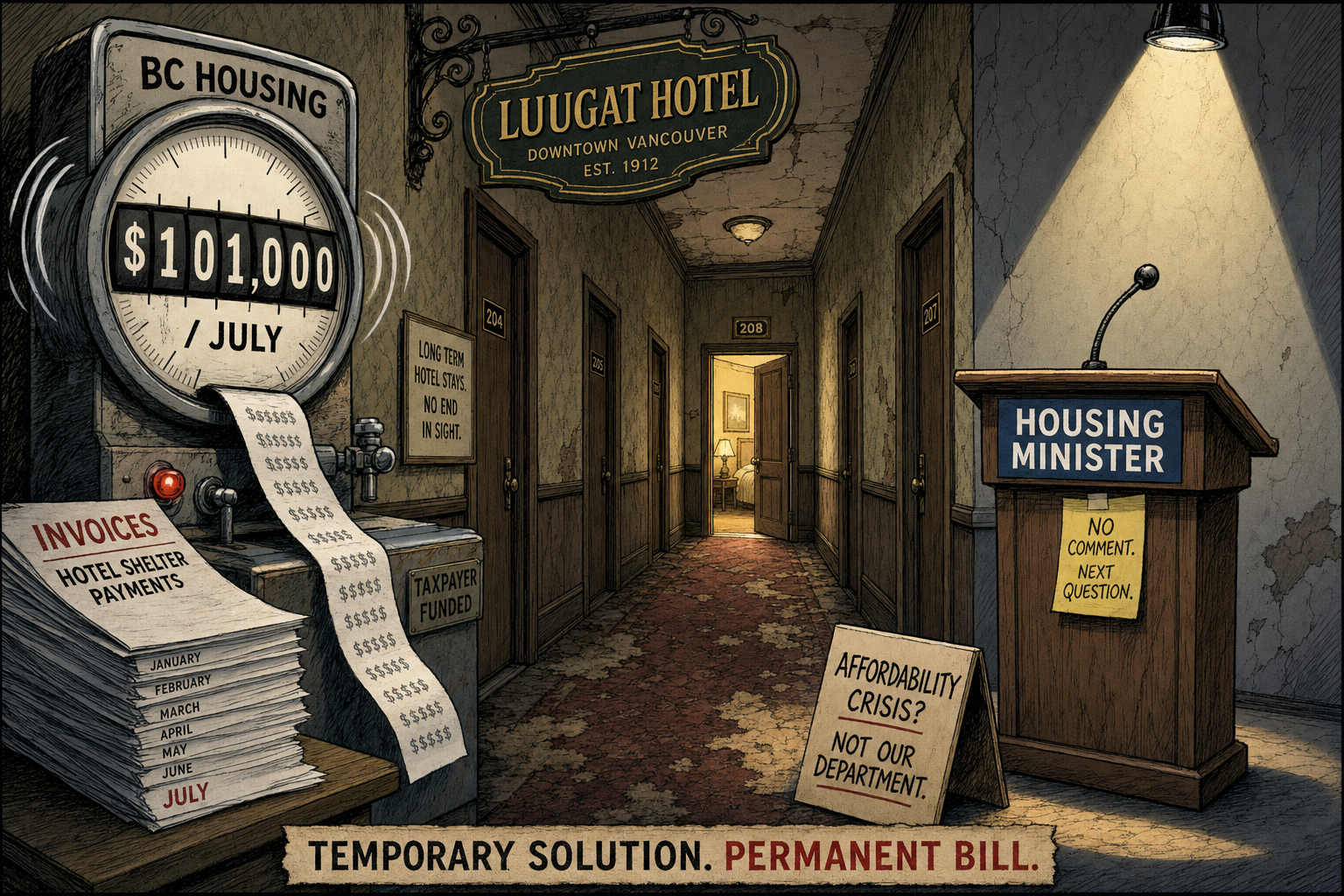 Editorial cartoon of an empty Vancouver hotel hallway with one lit room, a BC Housing cash meter reading $101,000 in July, and an empty housing minister podium.