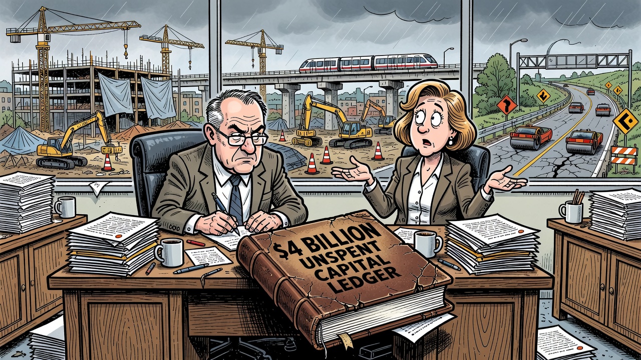 Political cartoon about B.C.’s $4-billion capital budget slippage affecting hospitals, Surrey transit and Highway 1 delivery.