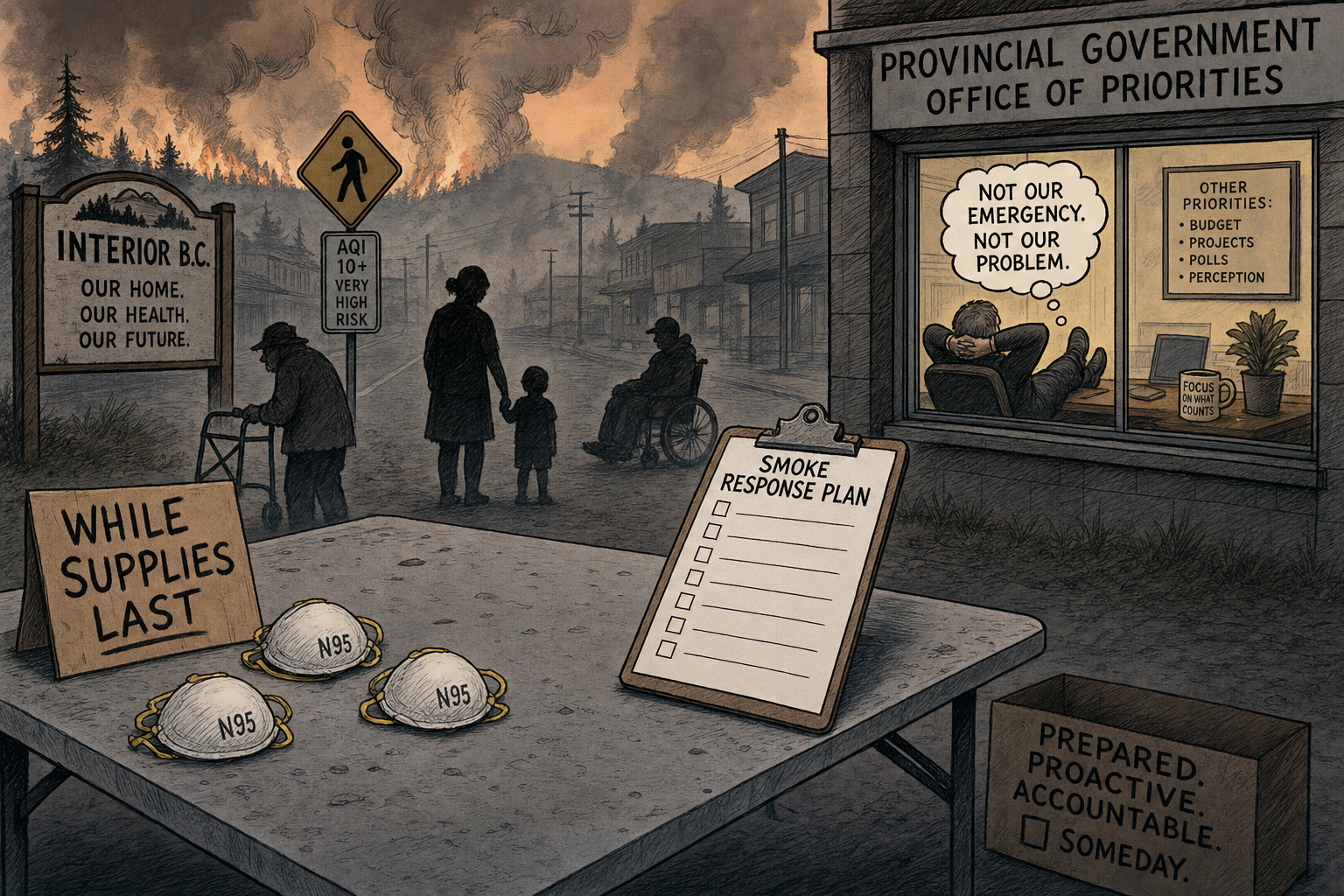 Editorial cartoon showing an almost empty N95 mask table beside a blank smoke response plan in wildfire smoke.
