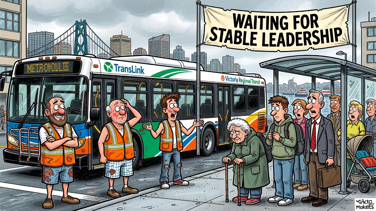Political cartoon about B.C. transit workers in Metro Vancouver and Victoria warning the government with a low-disruption uniform ban.