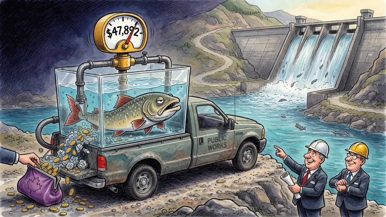 Editorial cartoon of a bull trout in a water tank being driven around a large hydro dam while public money drains away