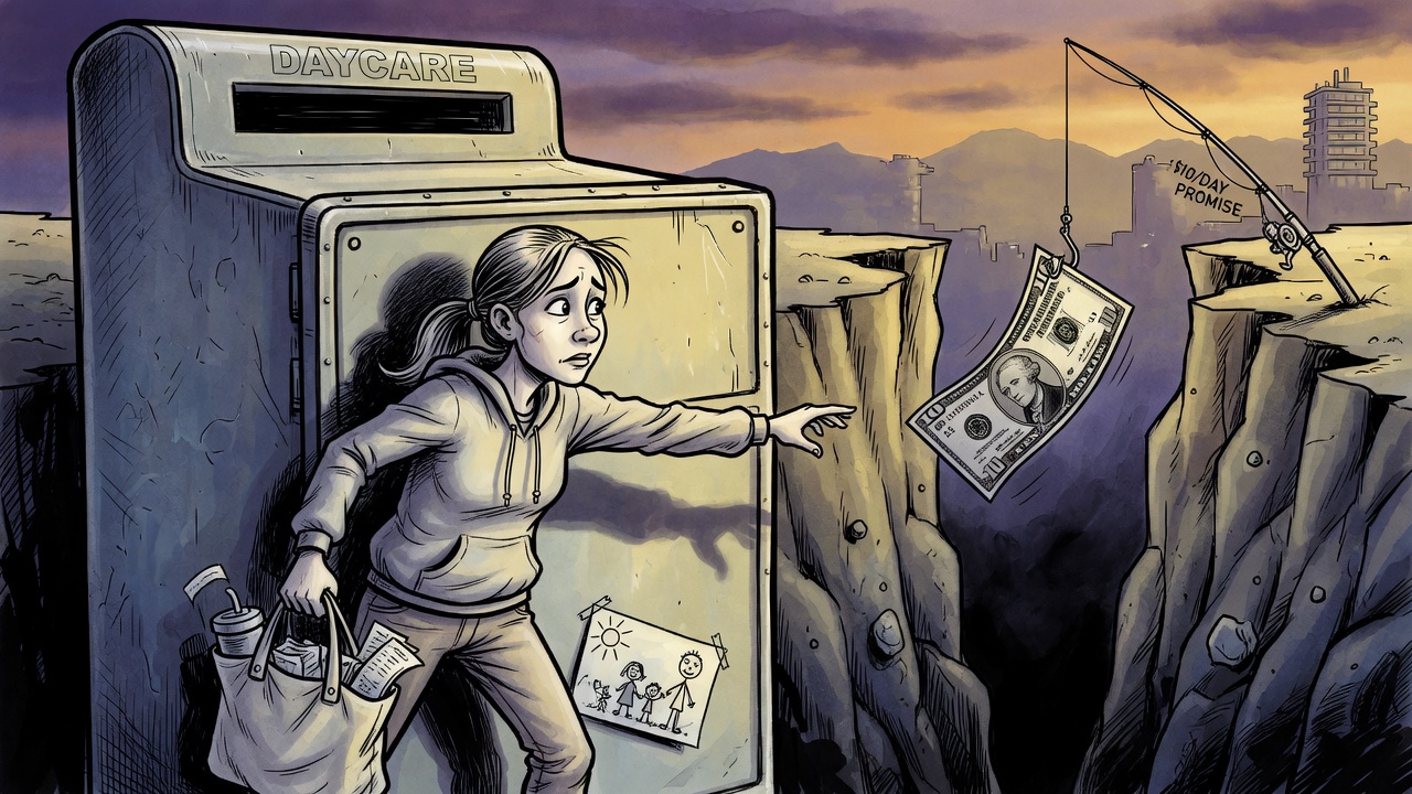 Editorial cartoon of a parent facing a daycare cash-register gap while the ten-dollar child-care promise hangs out of reach