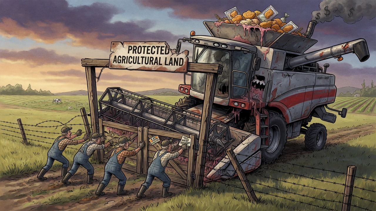 Editorial cartoon of an industrial food processor forcing through a protected farmland gate while small farmers brace the fence