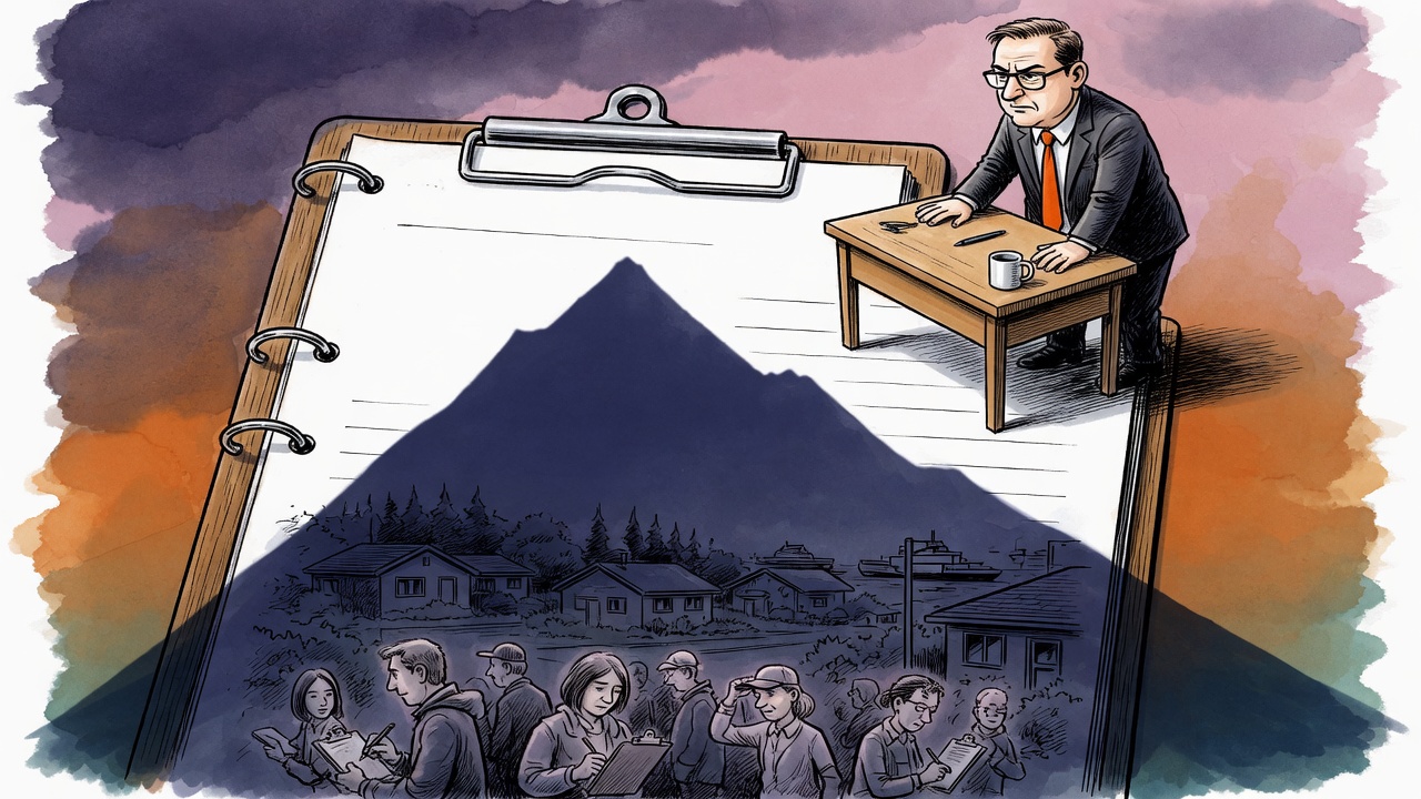Editorial cartoon of a giant blank recall clipboard casting a mountain-shaped shadow over a small constituency office and voters holding pens