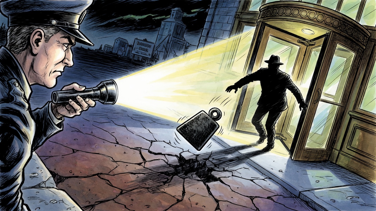 Editorial cartoon of a police spotlight on a revolving courthouse door and a handgun-shaped weight cracking small-town pavement