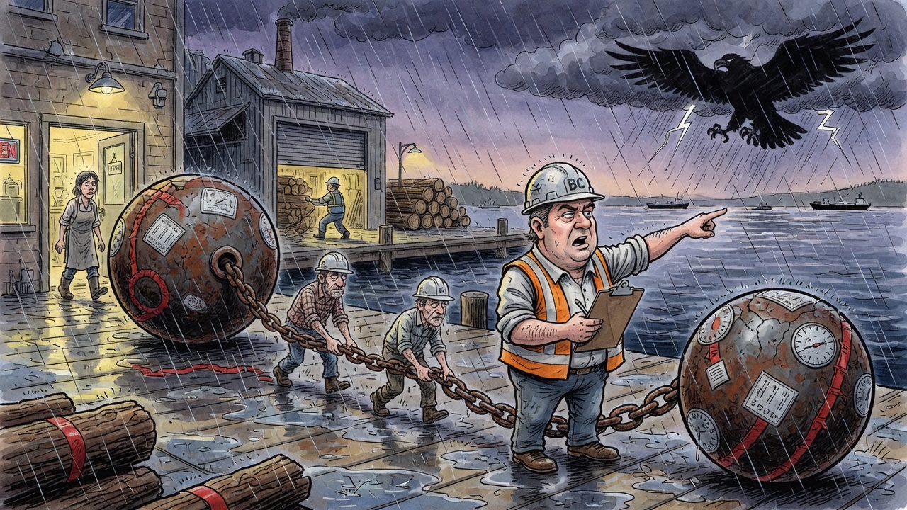 Editorial cartoon of a provincial leader pointing at a distant tariff storm while B.C. shops and mills struggle under heavy chains of red tape and costs