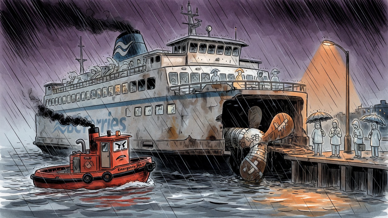 Editorial cartoon of an aging coastal ferry with a bandaged propeller shaft being pushed back toward dock by a small emergency tug in heavy rain as commuters wait on shore